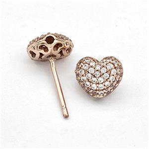 Copper Stud Earrings Pave Zirconia Heart Rose Gold, approx 9mm [FN41935]