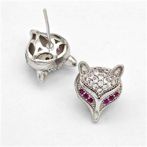 Copper Stud Earrings Pave Zirconia Fox Platinum Plated, approx 11-13mm [FN41936]