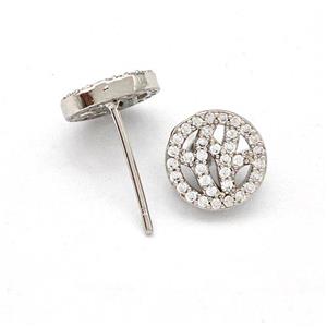 Copper Stud Earrings Pave Zirconia Circle Platinum Plated, approx 9mm [FN41938]