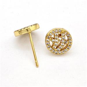 Copper Stud Earrings Pave Zirconia Circle Gold Plated, approx 9mm [FN41939]