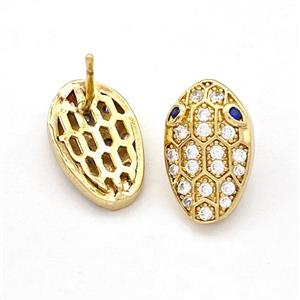 Copper Stud Earrings Pave Zirconia Snakehead Gold Plated, approx 9.5-15mm [FN41941]