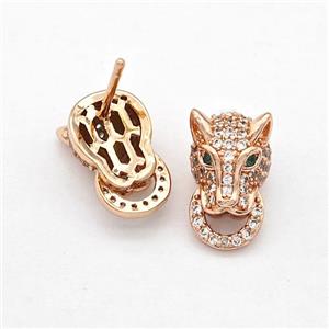 Copper Stud Earrings Pave Zirconia Leopard Rose Gold, approx 8-13.5mm [FN41943]