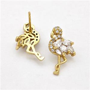 Copper Crane Stud Earrings Pave Zirconia Gold Plated, approx 10-16.5mm [FN41945]
