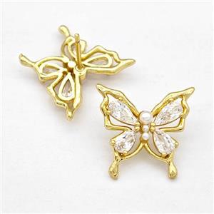 Copper Butterfly Stud Earrings Pave Zircon Gold Plated, approx 16-18mm [FN41947]