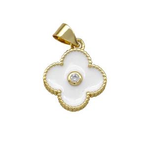 Copper Clover Pendant Pave Zirconia White Enamel Gold Plated, approx 13.5mm [FN41952]