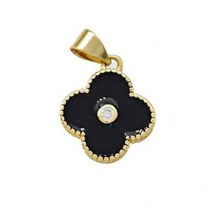 Copper Clover Pendant Pave Zirconia Black Enamel Gold Plated, approx 13.5mm [FN41953]
