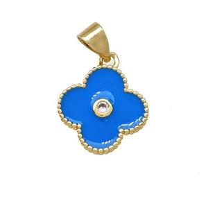 Copper Clover Pendant Pave Zirconia Blue Enamel Gold Plated, approx 13.5mm [FN41954]
