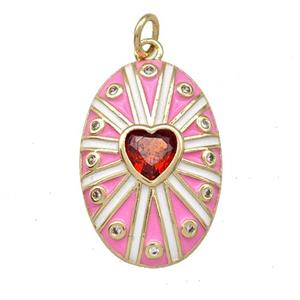 Copper Oval Pendant Pave Red Zirconia Heart Pink Enamel Gold Plated, approx 16-23mm [FN41965]