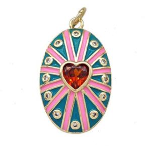 Copper Oval Pendant Pave Red Zirconia Heart Teal Enamel Gold Plated, approx 16-23mm [FN41966]