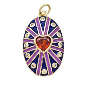 Copper Oval Pendant Pave Red Zirconia Heart Blue Enamel Gold Plated, approx 16-23mm [FN41967]