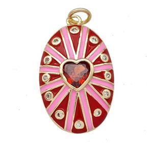Copper Oval Pendant Pave Red Zirconia Heart Red Enamel Gold Plated, approx 16-23mm [FN41968]