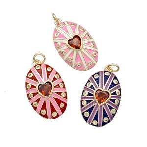 Copper Oval Pendant Pave Red Zirconia Heart Enamel Gold Plated Mixed, approx 16-23mm [FN41969]