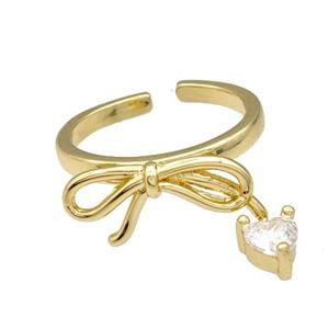 Copper Bow Rings Pave Heart Zirconia Gold Plated, approx 5mm,8-18mm, 18mm dia [FN41971]