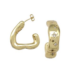Copper Stud Earrings Pave Zirconia Heart Gold Plated, approx 26-28mm [FN41979]