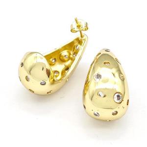 Copper Teardrop Stud Earrings Micro Pave Zirconia Hollow Gold Plated, approx 14-25mm [FN41988]