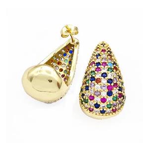 Copper Teardrop Stud Earrings Micro Pave Multicolor Zirconia Hollow Gold Plated, approx 14-25mm [FN41991]