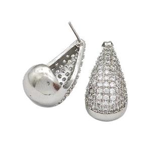 Copper Teardrop Stud Earrings Micro Pave Zirconia Hollow Platinum Plated, approx 11-20mm [FN41992]