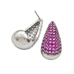 Copper Teardrop Stud Earrings Micro Pave Fuchsia Zirconia Platinum Plated, approx 11-20mm [FN41994]