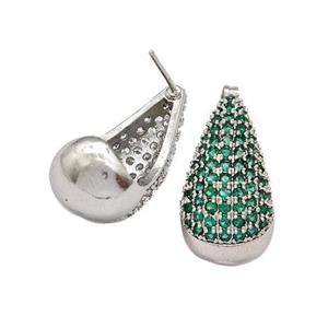 Copper Teardrop Stud Earrings Micro Pave Green Zirconia Platinum Plated, approx 11-20mm [FN41995]