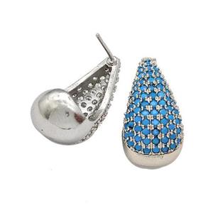 Copper Teardrop Stud Earrings Micro Pave Turqblue Zirconia Platinum Plated, approx 11-20mm [FN41996]