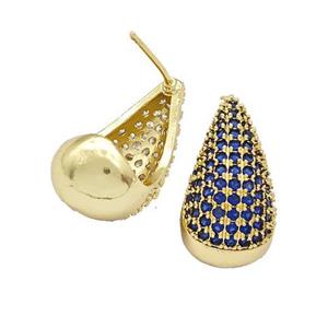 Copper Teardrop Stud Earrings Micro Pave Blue Zirconia Gold Plated, approx 11-20mm [FN41998]