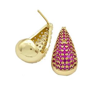 Copper Teardrop Stud Earrings Micro Pave Fuchsia Zirconia Gold Plated, approx 11-20mm [FN41999]
