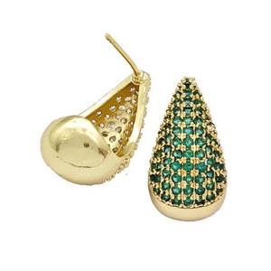 Copper Teardrop Stud Earrings Micro Pave Green Zirconia Hollow Gold Plated, approx 11-20mm [FN42000]