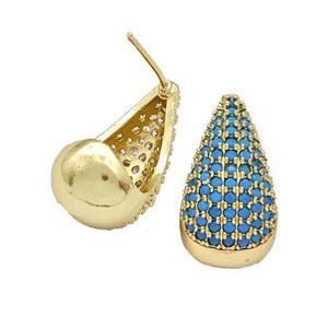 Copper Teardrop Stud Earrings Pave Turqblue Zirconia Hollow Gold Plated, approx 11-20mm [FN42001]