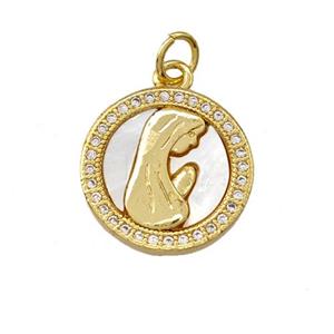 Virgin Mary Charms Copper Circle Pendant Pave Shell Zirconia Prayer 18K Gold Plated, approx 15.5mm [FN42002]
