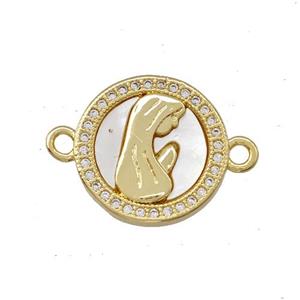 Virgin Mary Charms Copper Circle Connector Pave Shell Zirconia Prayer 18K Gold Plated, approx 15.5mm [FN42003]