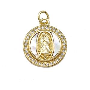 Jesus Charms Copper Circle Pendant Pave Shell Zirconia 18K Gold Plated, approx 15.5mm [FN42004]