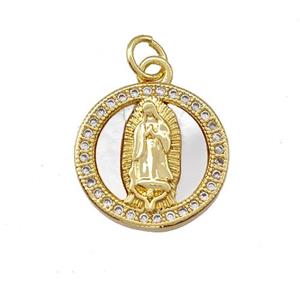Jesus Charms Copper Circle Pendant Pave Shell Zirconia 18K Gold Plated, approx 15.5mm [FN42006]