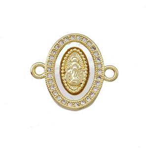 Virgin Mary Charms Copper Oval Connector Pave Shell Zirconia 18K Gold Plated, approx 13-17mm [FN42009]