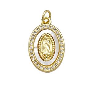 Jesus Charms Copper Oval Pendant Pave Shell Zirconia 18K Gold Plated, approx 13-17mm [FN42010]