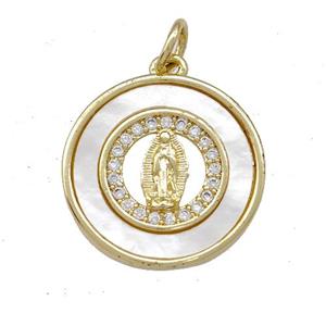 Jesus Charms Copper Circle Pendant Pave Shell Zirconia 18K Gold Plated, approx 17mm [FN42012]