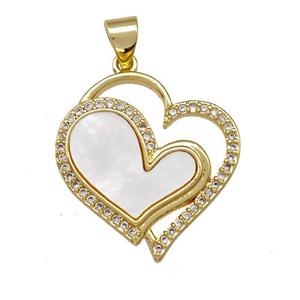 Double Heart Charms Copper Pendant Pave Shell Zirconia 18K Gold Plated, approx 20mm [FN42014]