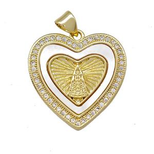 Virgin Mary Charms Copper Heart Pendant Pave Shell Zirconia 18K Gold Plated, approx 22mm [FN42017]