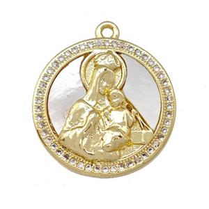 Virgin Mary Charms Copper Circle Pendant Pave Shell Zirconia 18K Gold Plated, approx 19mm [FN42019]
