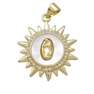 Jesus Charms Copper Sun Pendant Pave Shell Zirconia 18K Gold Plated, approx 22mm [FN42020]