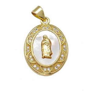 Jesus Charms Copper Oval Pendant Pave Shell Zirconia 18K Gold Plated, approx 16-20mm [FN42021]
