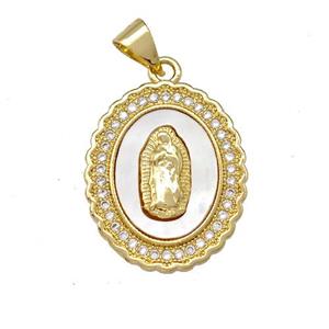 Jesus Charms Copper Oval Pendant Pave Shell Zirconia 18K Gold Plated, approx 16-20mm [FN42022]