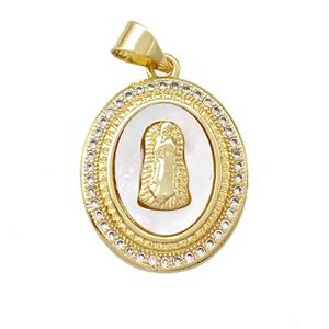 Virgin Mary Charms Copper Oval Pendant Pave Shell Zirconia 18K Gold Plated, approx 16-20mm [FN42023]