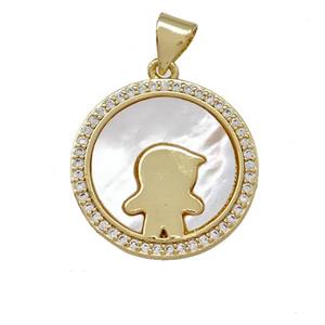 Kids Boy Charms Copper Circle Pendant Pave Shell Zirconia 18K Gold Plated, approx 19mm [FN42024]