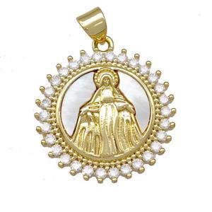 Virgin Mary Charms Copper Circle Pendant Pave Shell Zirconia 18K Gold Plated, approx 21mm [FN42026]