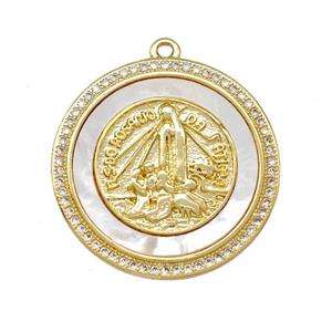 Jesus Charms Copper Circle Pendant Pave Shell Zirconia 18K Gold Plated, approx 24mm [FN42027]
