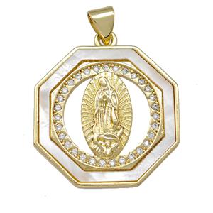 Jesus Charms Copper Octangle Pendant Pave Shell Zirconia 18K Gold Plated, approx 23mm [FN42030]