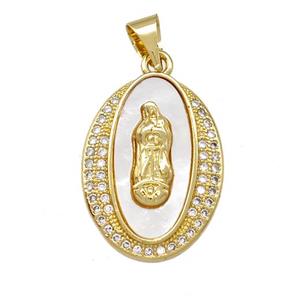 Jesus Charms Copper Oval Pendant Pave Shell Zirconia 18K Gold Plated, approx 15-20mm [FN42031]