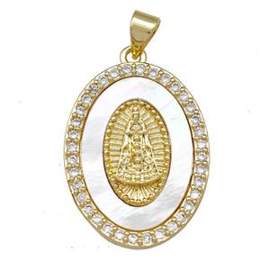 Virgin Mary Charms Copper Oval Pendant Pave Shell Zirconia 18K Gold Plated, approx 18-25mm [FN42032]