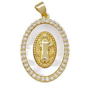 Jesus Charms Copper Oval Pendant Pave Shell Zirconia 18K Gold Plated, approx 18-25mm [FN42033]