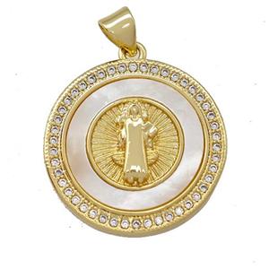 Jesus Charms Copper Circle Pendant Pave Shell Zirconia 18K Gold Plated, approx 23mm [FN42035]